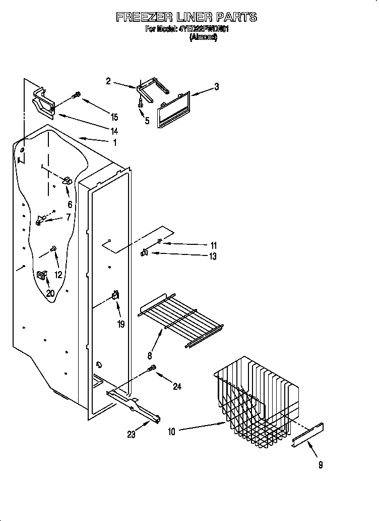 Whirlpool 4YED22PWDN01 freezer liner diagram
