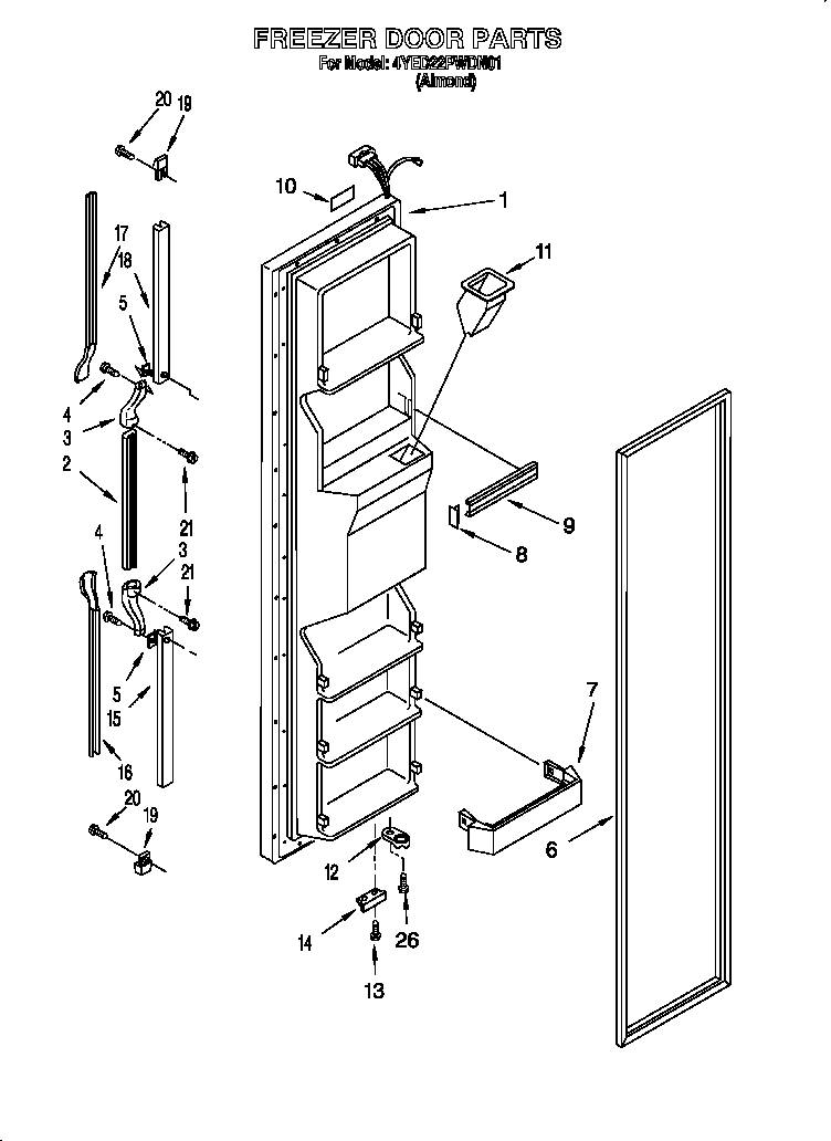 Whirlpool 4YED22PWDN01 freezer door diagram