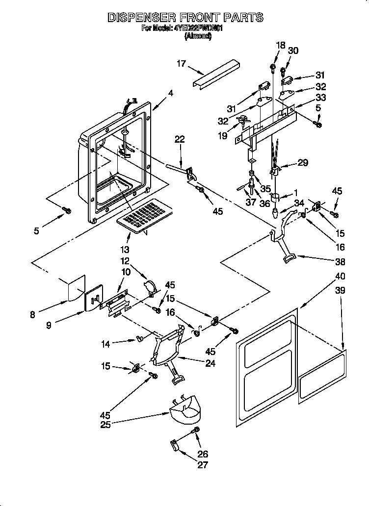 Whirlpool 4YED22PWDN01 dispenser front diagram