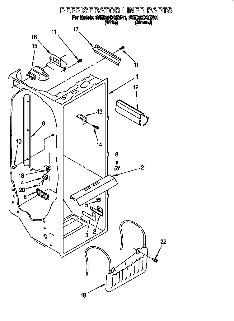 Whirlpool 3VED23DQEW01 refrigerator liner diagram