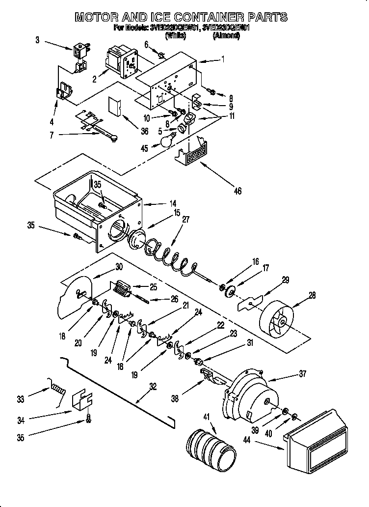 Whirlpool 3VED23DQEW01 motor and ice container diagram