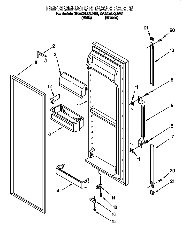 Whirlpool 3VED23DQEW01 refrigerator door diagram
