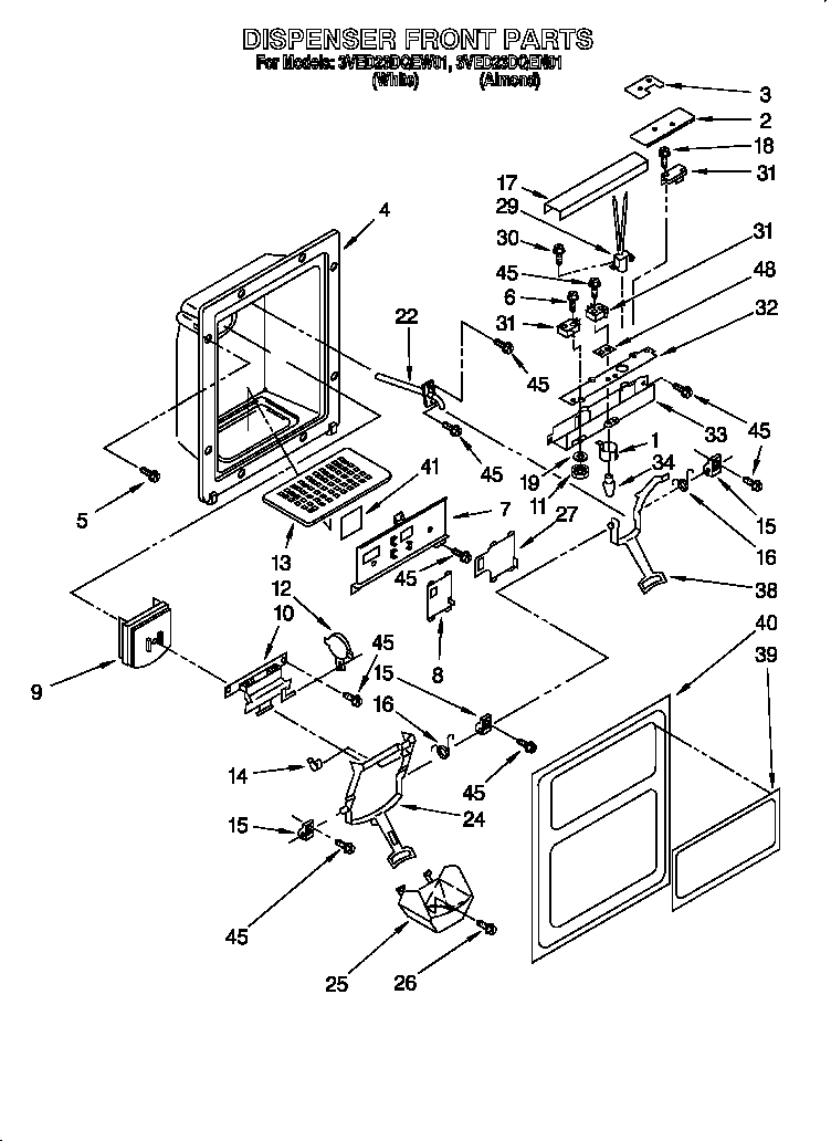 Whirlpool 3VED23DQEW01 dispenser front diagram