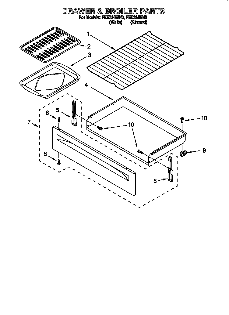 Whirlpool FES364EW0 drawer & broiler diagram
