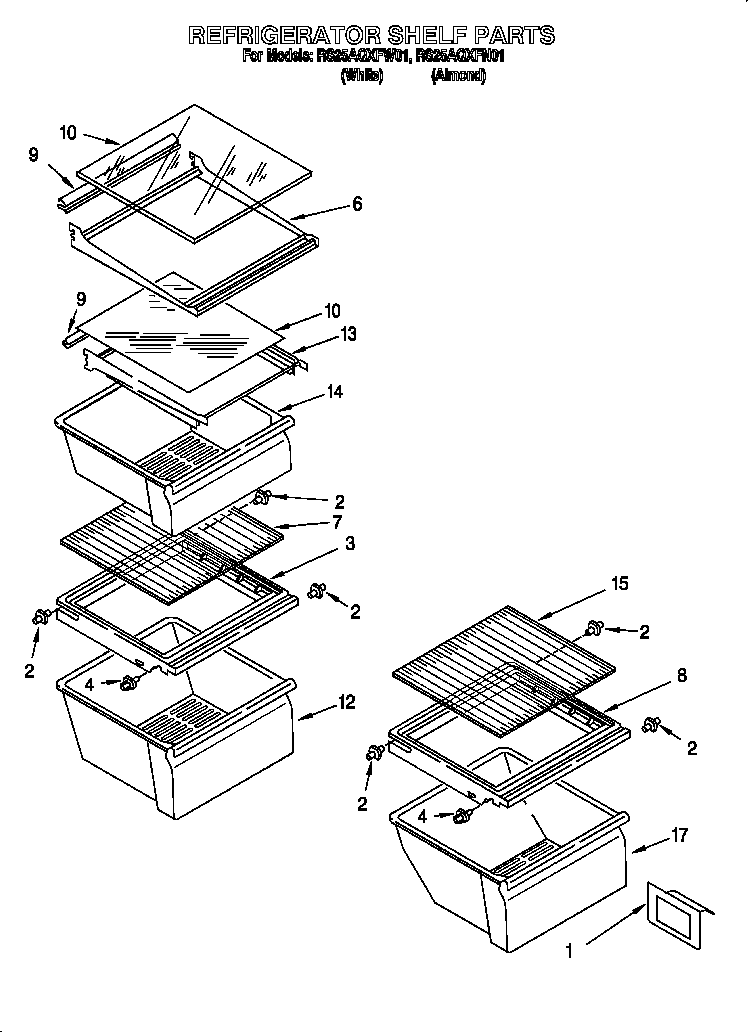 Roper RS25AQXFW01 refrigerator shelf diagram