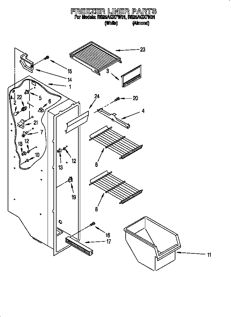Roper RS25AQXFW01 freezer liner diagram
