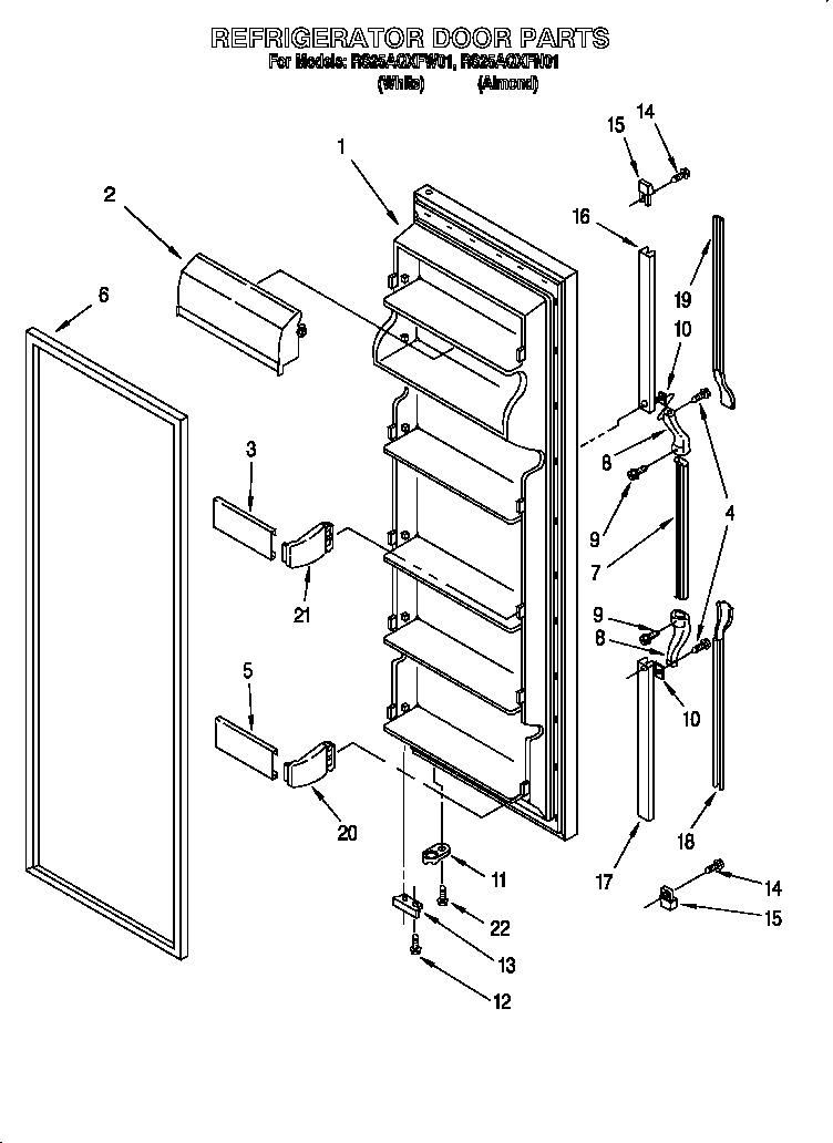 Roper RS25AQXFW01 refrigerator door diagram