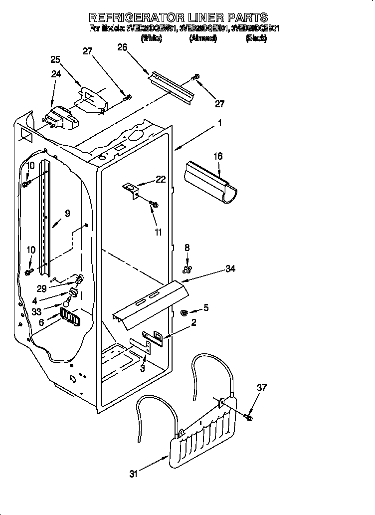 Whirlpool 3VED29DQEN01 refrigerator liner diagram
