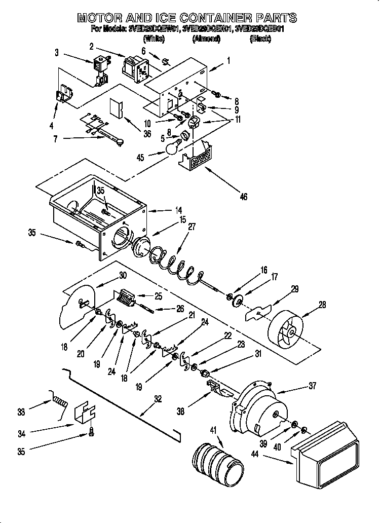 Whirlpool 3VED29DQEN01 motor and ice container diagram