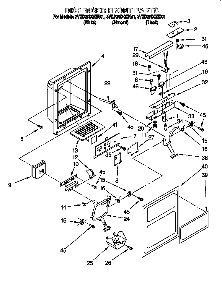 Whirlpool 3VED29DQEN01 dispenser front diagram