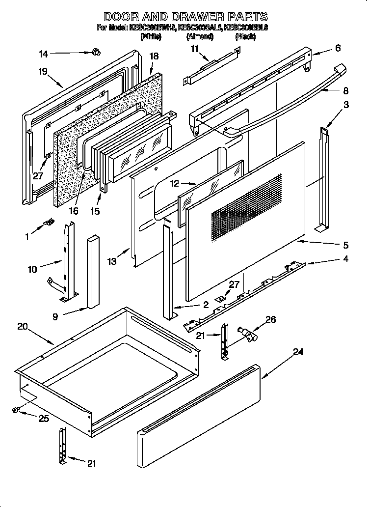 KitchenAid KESC300BBL8 door and drawer diagram