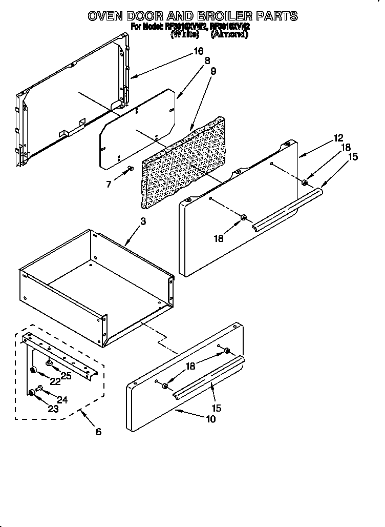 Whirlpool RF3010XVW2 oven door and broiler diagram