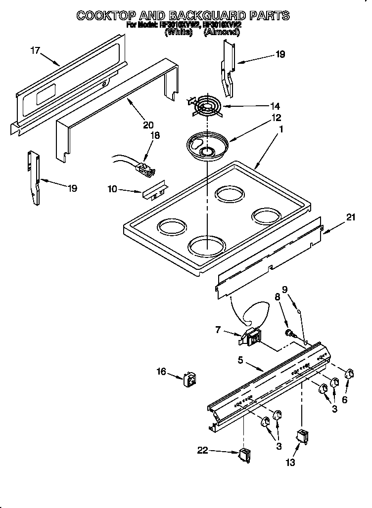 Whirlpool RF3010XVW2 cooktop and backguard diagram
