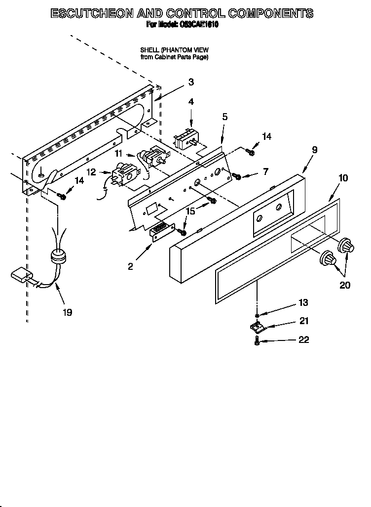 Whirlpool O53CAE1610 escutcheon and control components diagram