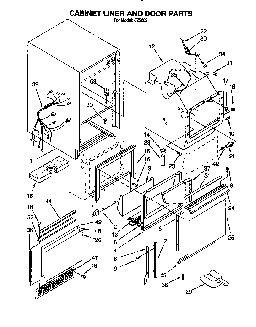 Whirlpool JZ5062 cabinet liner and door diagram