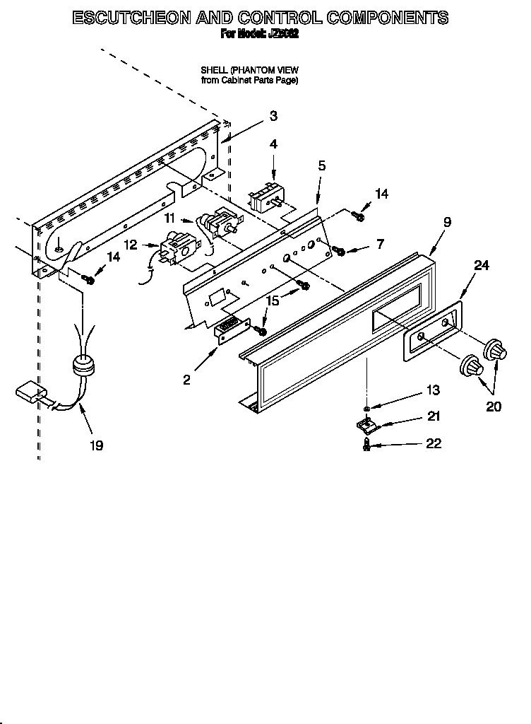 Whirlpool JZ5062 escutcheon and control components diagram