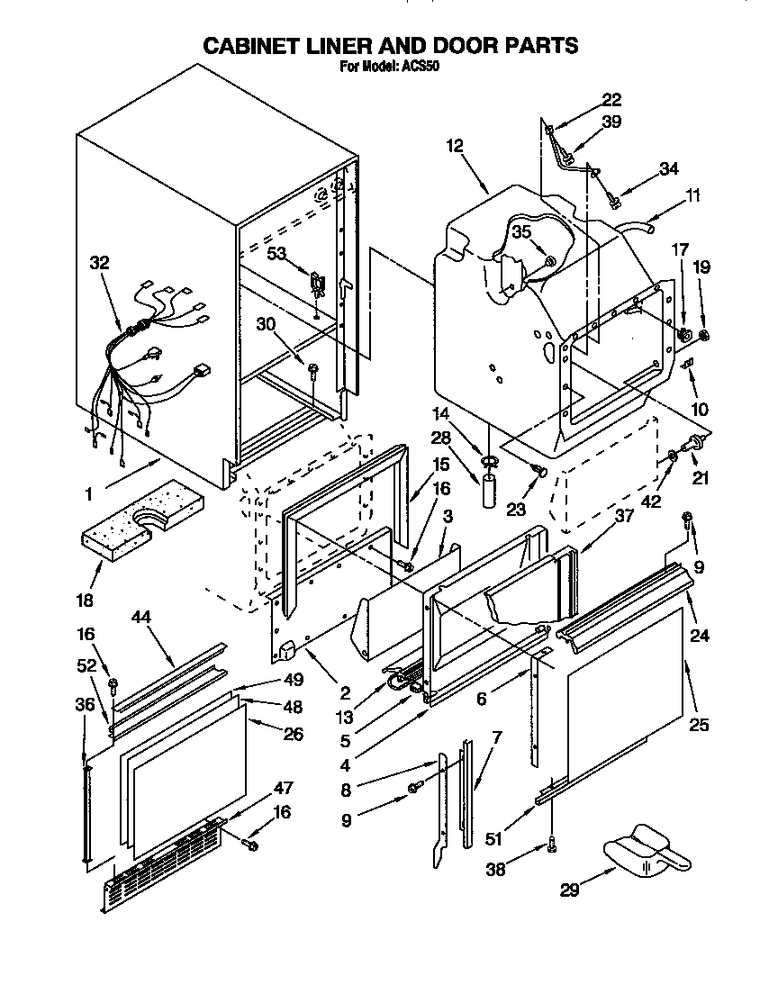 Whirlpool ACS50 cabinet liner and door diagram