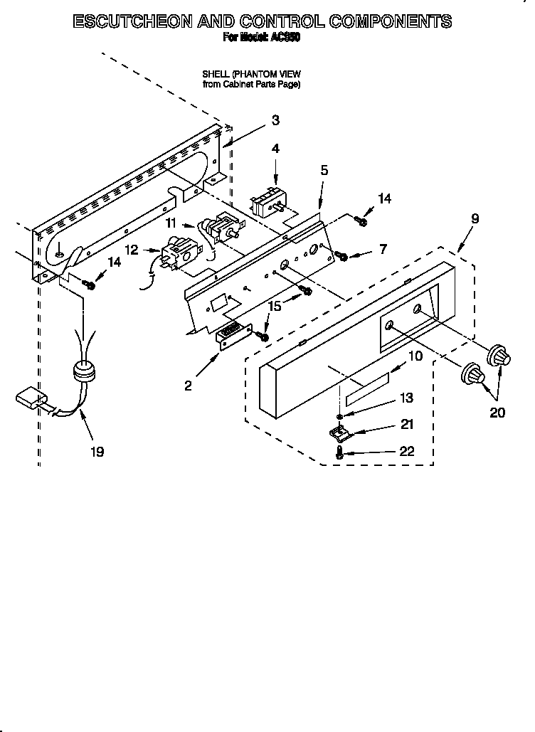 Whirlpool ACS50 escutcheon and control components diagram