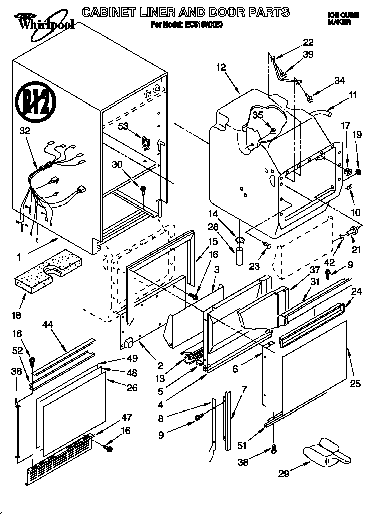Whirlpool EC510WXE0 cabinet liner and door diagram