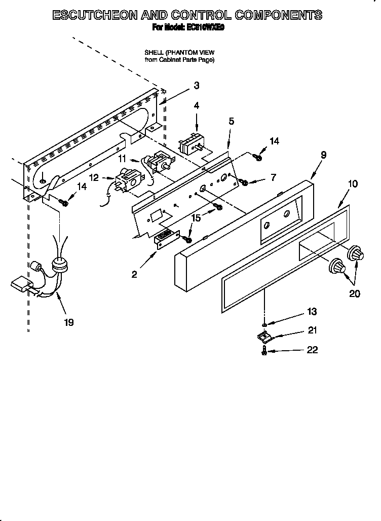 Whirlpool EC510WXE0 escutcheon and control components diagram