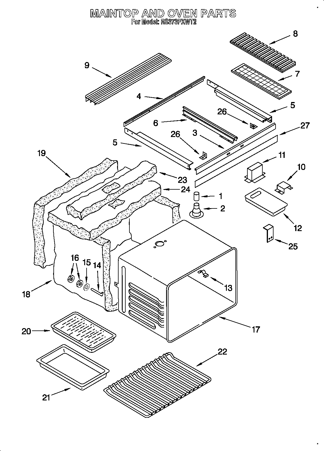 Whirlpool RS373PXWT2 maintop and oven diagram