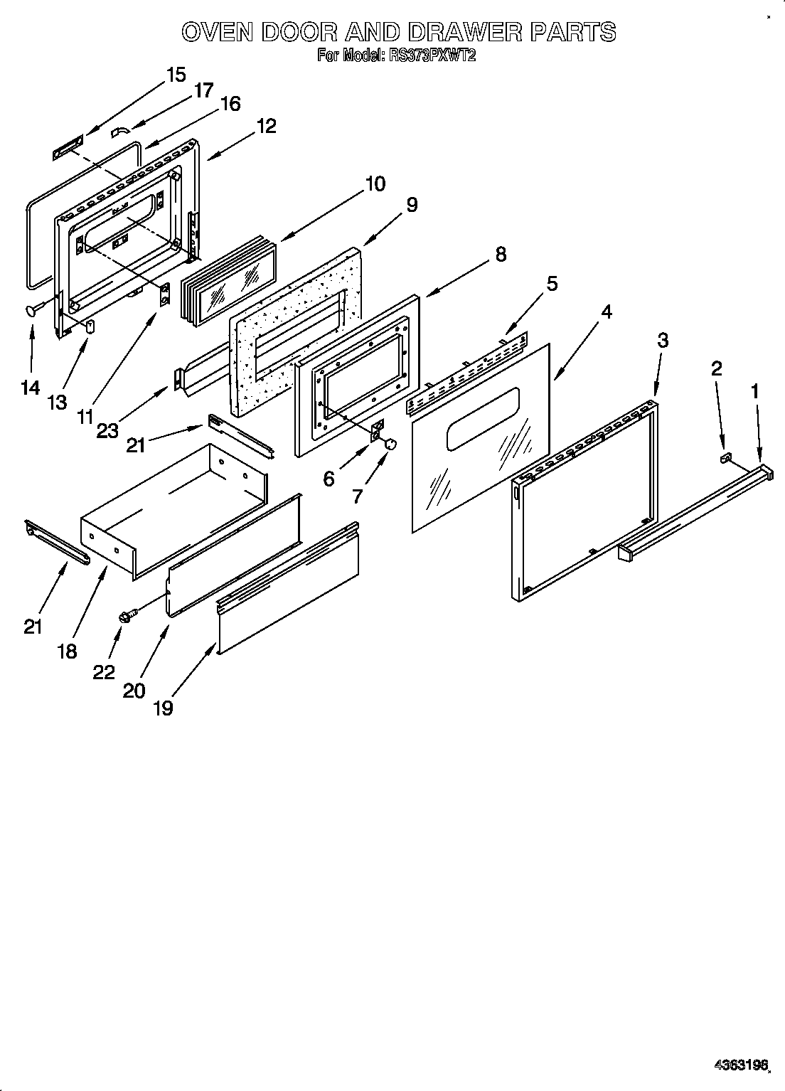 Whirlpool RS373PXWT2 oven door and drawer diagram