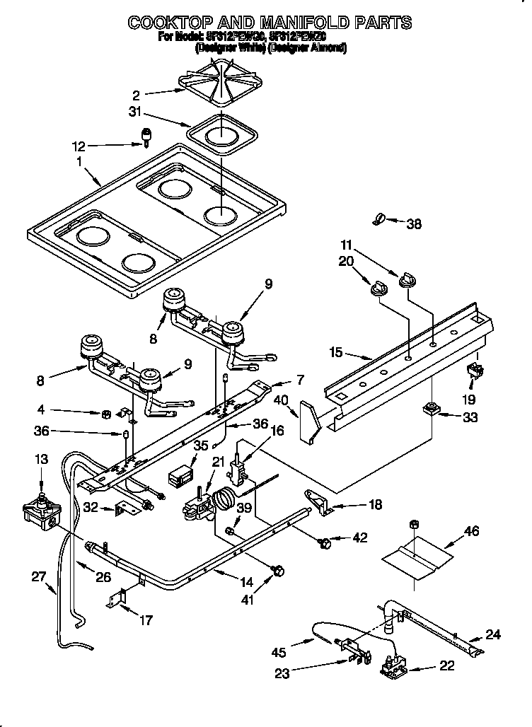 Whirlpool SF312PEWQ0 cooktop and manifold diagram