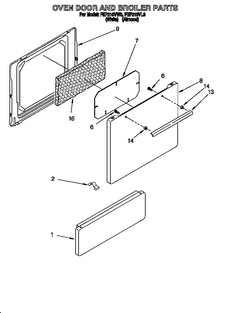 Whirlpool FEP210VL6 oven door and broiler diagram