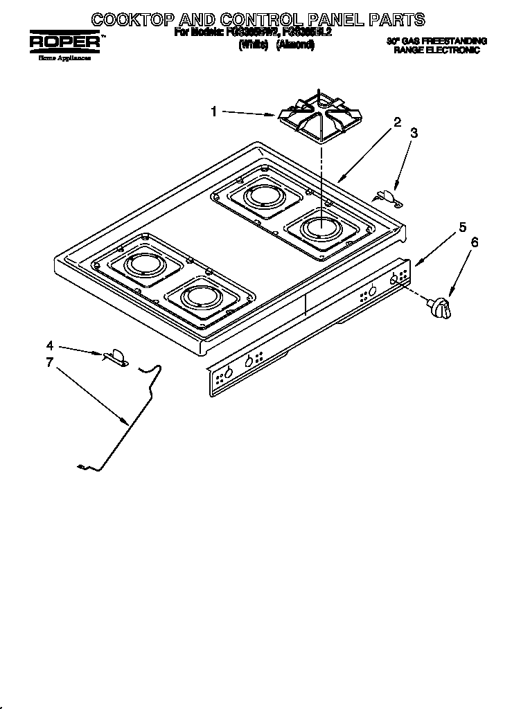 Roper FGS385BL2 cooktop and control panel diagram