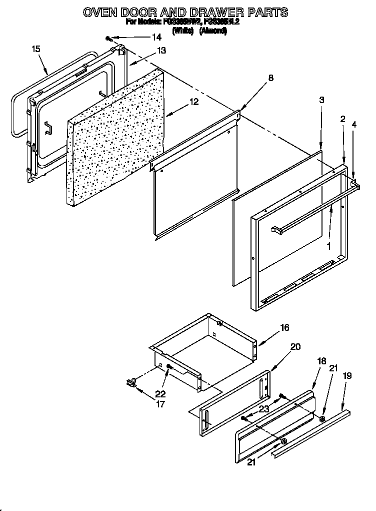 Roper FGS385BL2 oven door and drawer diagram