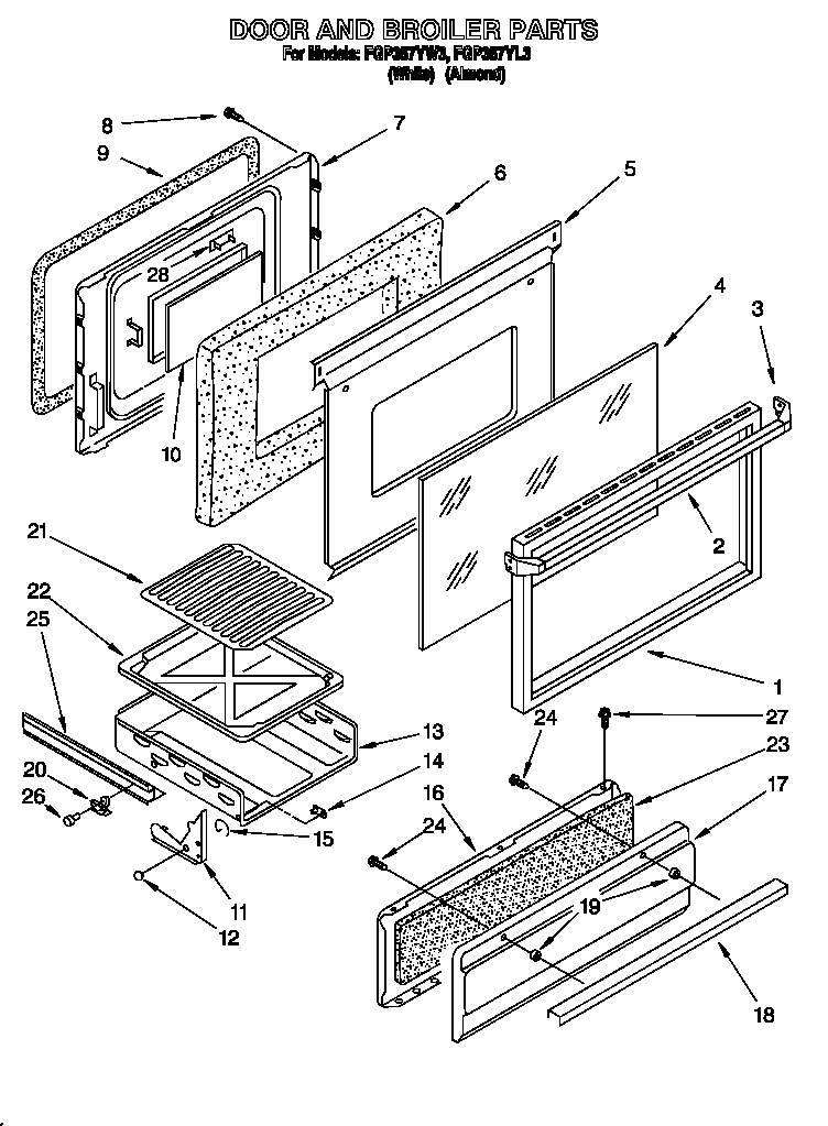 Roper FGP357YW3 door and broiler diagram