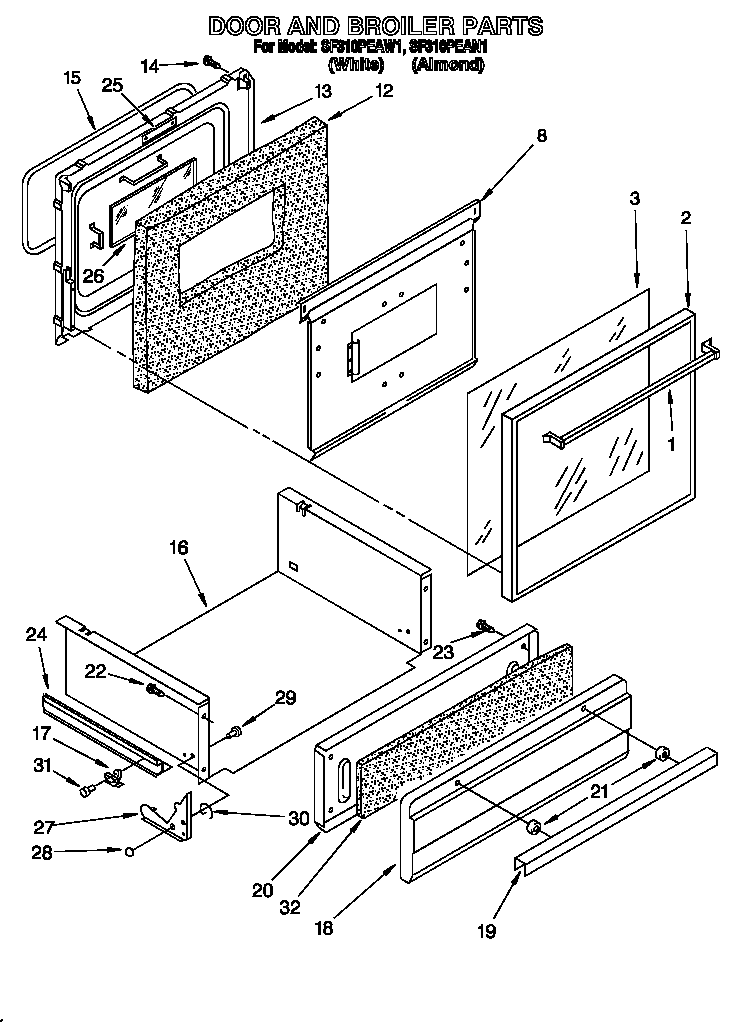 Whirlpool SF310PEAN1 door and broiler diagram