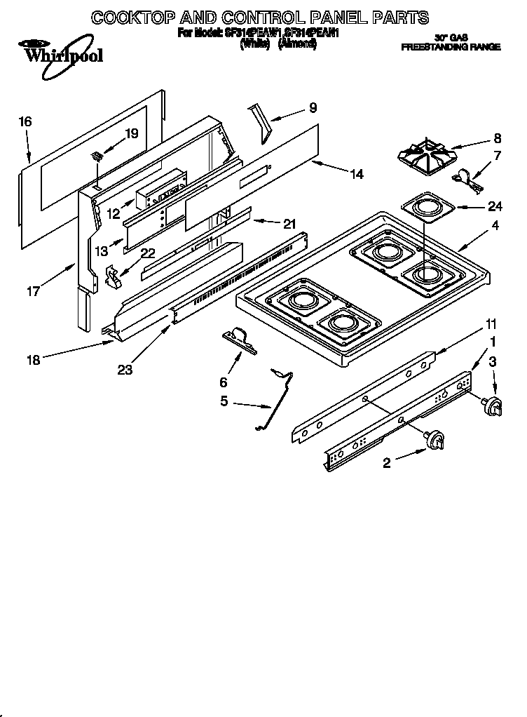 Whirlpool SF314PEAW1 cooktop and control panel diagram