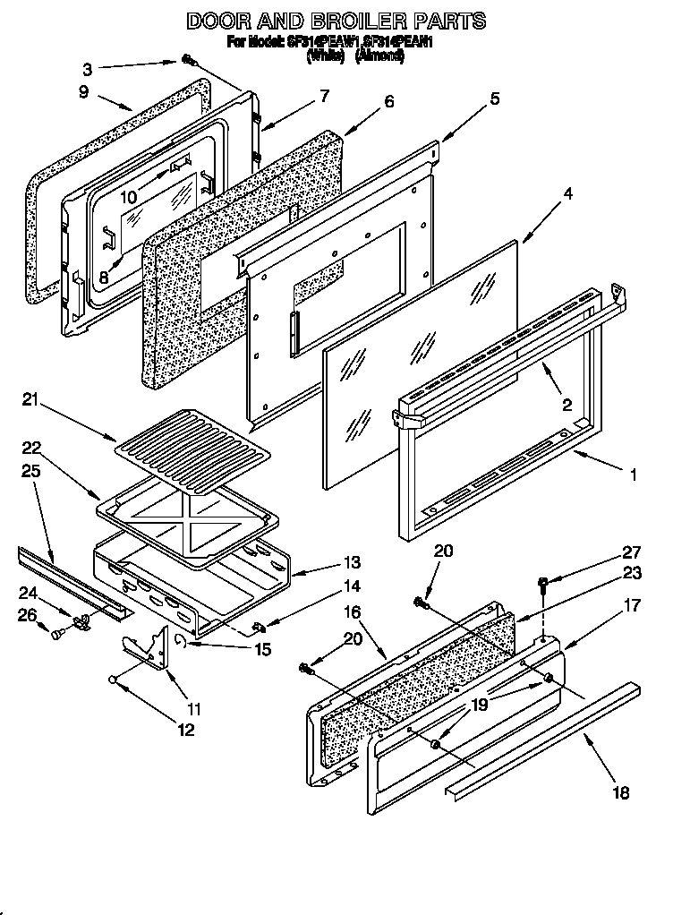 Whirlpool SF314PEAW1 door and broiler diagram