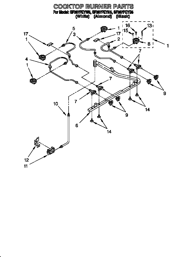 Whirlpool SF387PEYW5 cooktop burner diagram