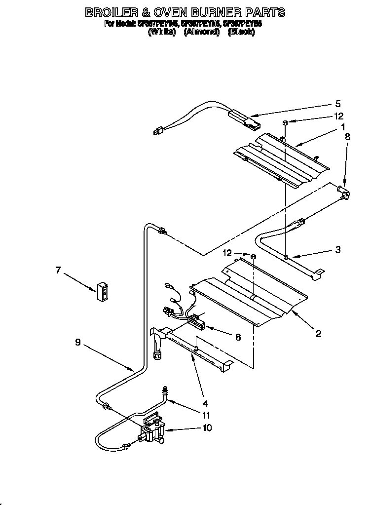 Whirlpool SF387PEYW5 broiler & oven burner diagram