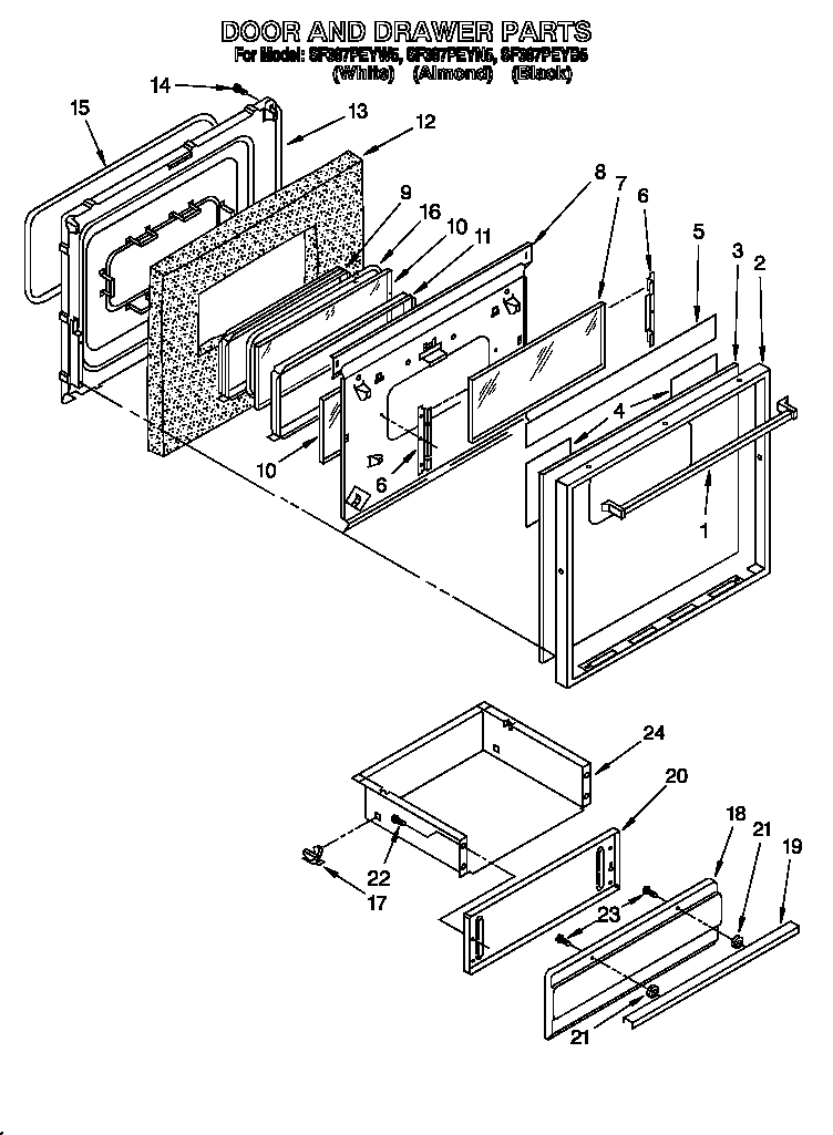 Whirlpool SF387PEYW5 door and drawer diagram