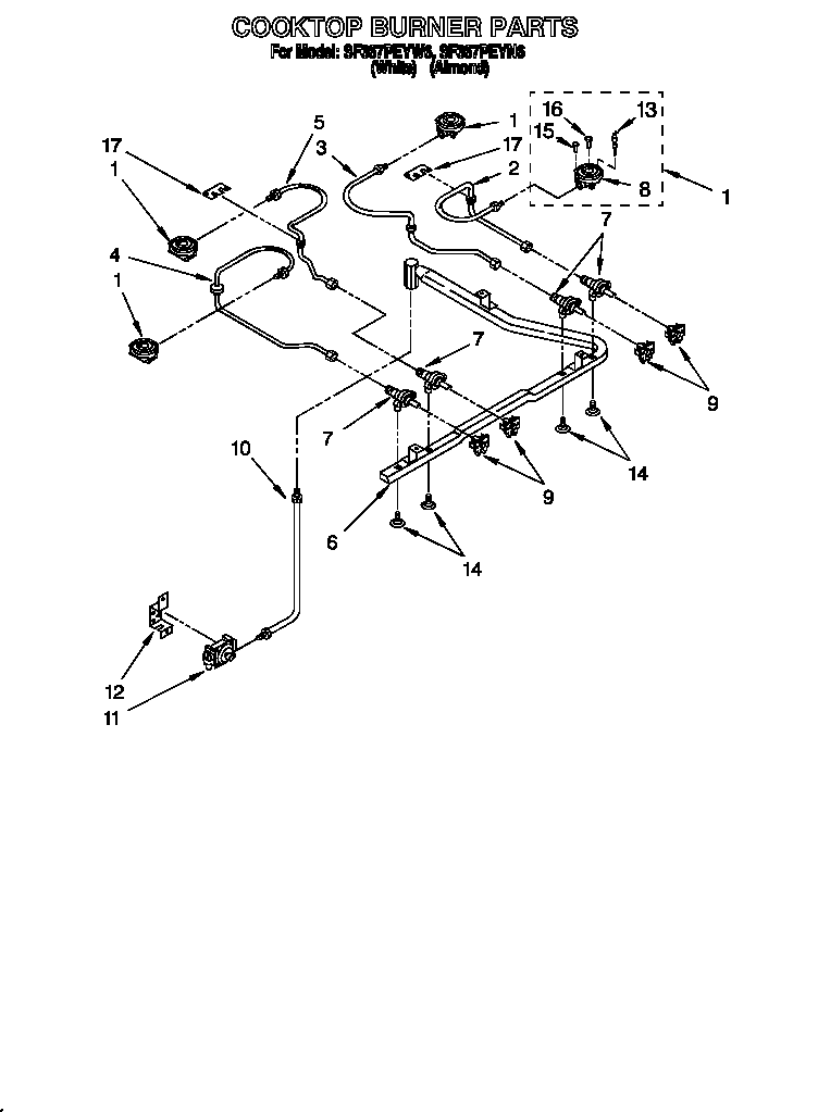 Whirlpool SF367PEYN6 cooktop burner diagram