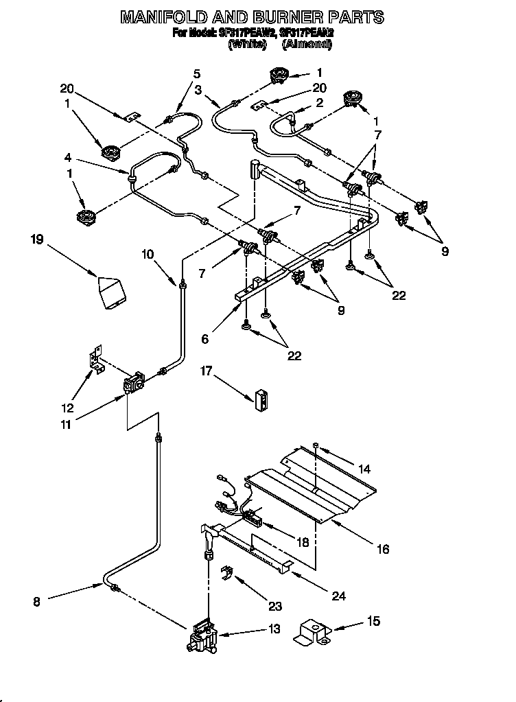 Whirlpool SF317PEAN2 manifold and burner diagram