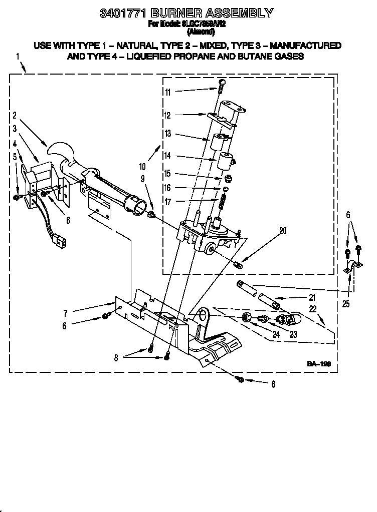 Whirlpool 8LGC7858AN2 3401771 burner assembly diagram