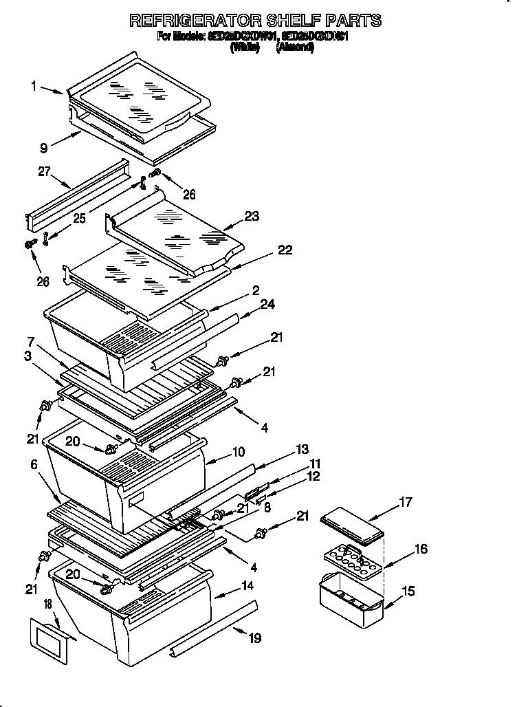 Whirlpool 8ED25DQXDW01 refrigerator shelf diagram