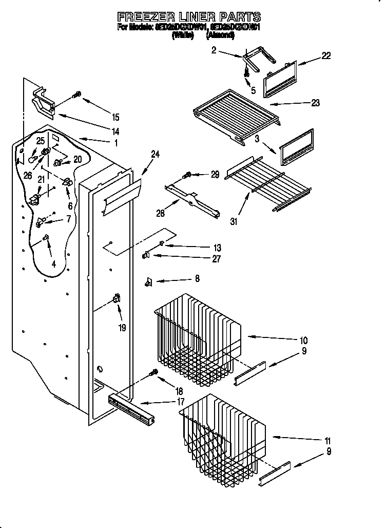 Whirlpool 8ED25DQXDW01 freezer liner diagram