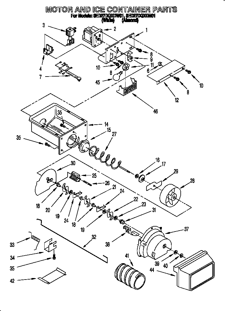 Whirlpool 8ED27DQXDN01 motor and ice container diagram