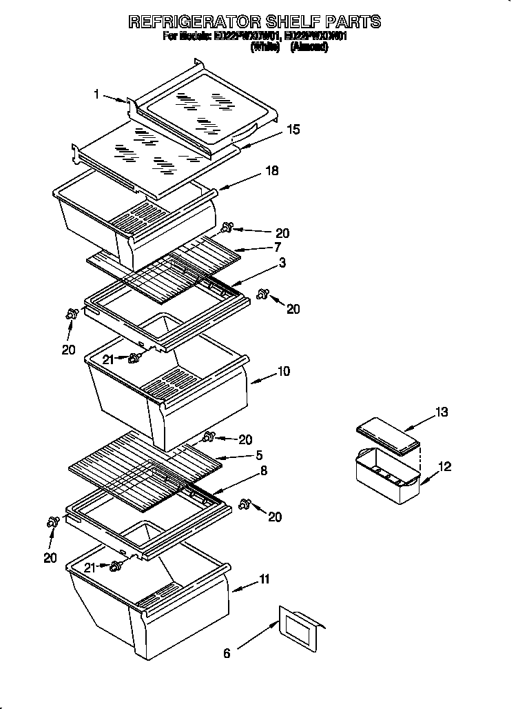 Whirlpool ED22PWXDW01 refrigerator shelf diagram