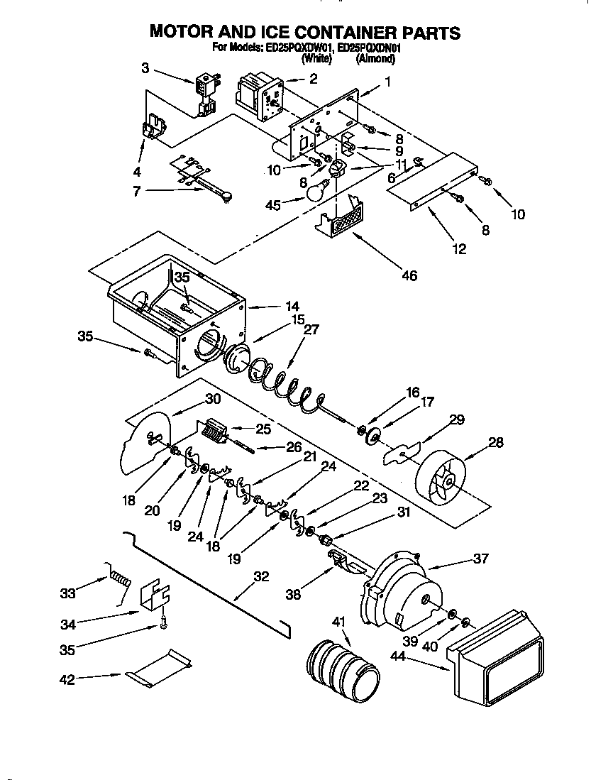 Whirlpool ED25PQXDW01 motor and ice container diagram