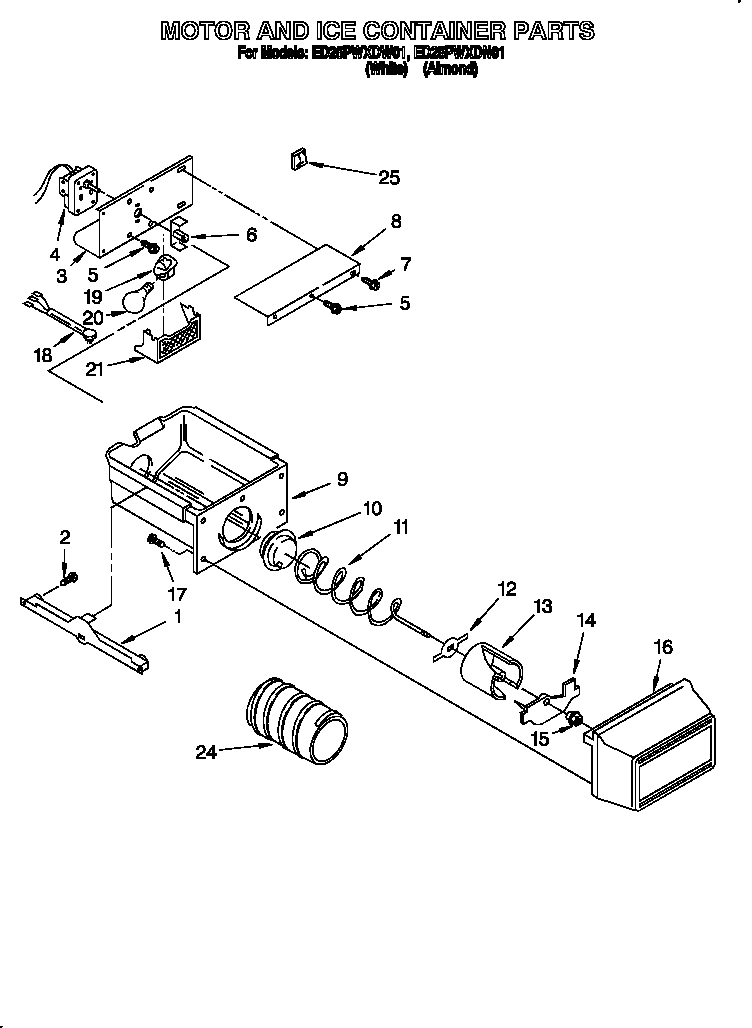 Whirlpool ED25PWXDN01 motor and ice container diagram