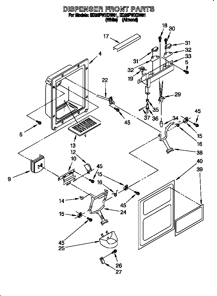 Whirlpool ED25PWXDN01 dispenser front diagram