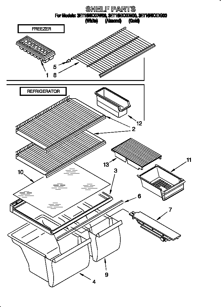 Whirlpool 3ET16NKXDG00 shelf diagram