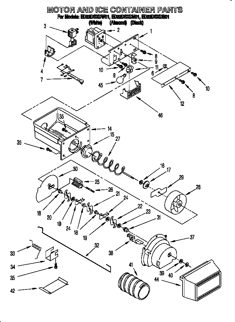 Whirlpool ED22DSXDN01 motor and ice container diagram