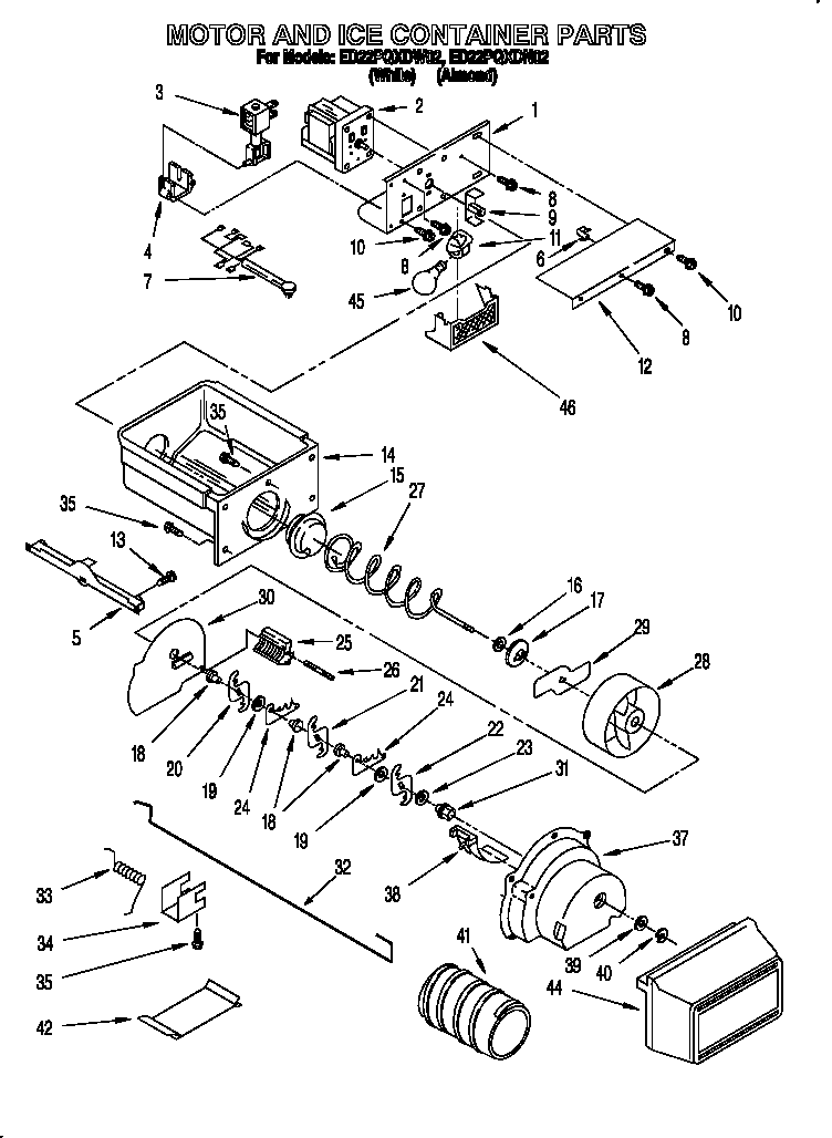Whirlpool ED22PQXDN02 motor and ice container diagram